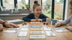A child playing an educational game using times tables flashcards, making maths practice enjoyable.