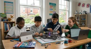 A 10-year-old child at home using a coding robot to solve a navigation puzzle on the floor.