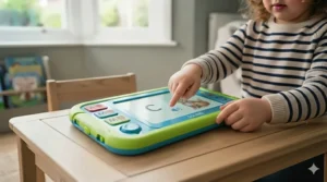A digital learning toy displaying letters and sounds for phonics practice.