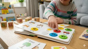 A child’s hand pressing buttons on an interactive Spanish sound book to learn vocabulary, with wooden alphabet blocks and flashcards visible on the table.