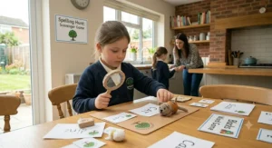 Alt text for image 6: A primary school student interacts with a word building app on a tablet, practising her spelling in a natural light-filled classroom.