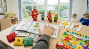 Children demonstrating multi-sensory Jolly Phonics actions for early sound recognition.