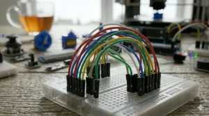 A close-up view of intricate jumper wire connections on a breadboard, showcasing the wiring detail.