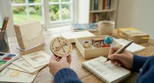 A person writing vocabulary notes in a notebook next to language learning flashcards and a compass.