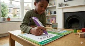 Close-up of the LeapReader pen being used on LeapFrog interactive writing paper.