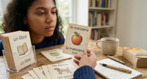 A student studying Spanish vocabulary with flashcards and a cup of tea on a desk.