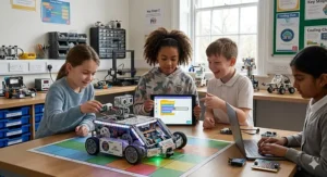 A child connecting blocks to a LEGO Spike Prime robot while learning basic coding principles.