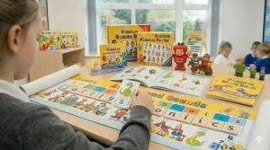 Letterland educational worksheets paired with character-themed learning toys.