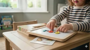 Magnetic board with letters used for building simple words in phonics games.