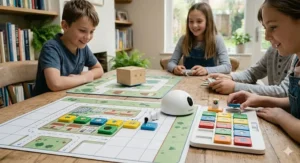 Children playing with the Matatalab coding set, showcasing the modular tiles and the robot on a play mat.