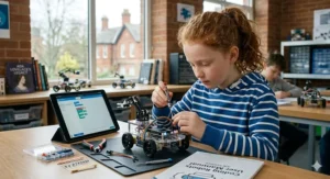 A BBC micro:bit integrated into a custom-built robot, showing a simple LED pattern.