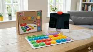 Overhead view of the complete Osmo Coding Starter Kit set, including the game board and tablet base.