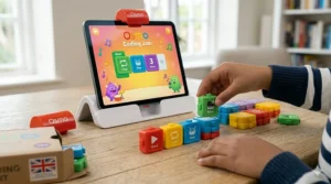 Child's hands arranging magnetic blocks to play the creative music composition game in Osmo Coding.