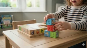 Stackable phonics blocks with printed letters to help children sound out words.