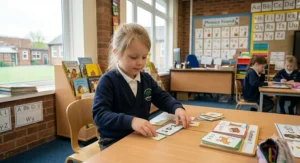 Alt text for image 2: A young girl in a British school uniform concentrates as she matches phonics cards to build simple words on a classroom table.