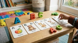 Educational phonics flashcards displayed on a wooden table, each showing a letter and its corresponding animal to aid preschool literacy.