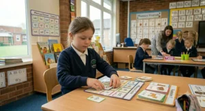Alt text for image 3: A pupil in a bright classroom focuses on placing phonic cards onto a sorting mat to complete word building games for 6 year olds.
