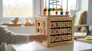 A wooden activity cube on a white table, featuring rotating alphabet tiles and a bead maze on top for interactive toddler play.