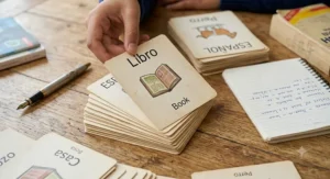 Close-up of hands sorting through a stack of illustrated Spanish vocabulary flashcards on a wooden table.
