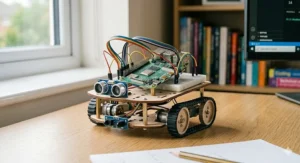 A small, DIY robotic rover built with a Raspberry Pi, sitting on a wooden desk.