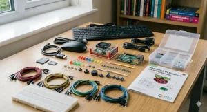 An organised display of electronics components including resistors, LEDs, and breadboards from a Raspberry Pi kit.