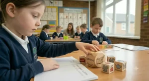Alt text for image 9: A primary school girl matches illustrated word cards and rhyming pairs to improve her spelling and phonics knowledge in a classroom setting.
