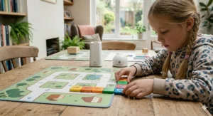 A young girl aligning colourful coding blocks to create a sequence for a robot, demonstrating logical thinking.