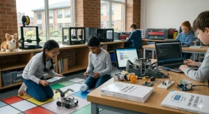 A teacher guiding a child through a coding exercise with interactive robots during an after-school club.