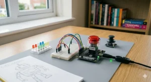 A breadboard connected to a large red button and a joystick, showcasing a Raspberry Pi educational interface.
