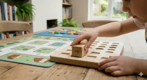 A child’s hand placing a physical directional command block into a wooden programming board, highlighting screen-free coding.