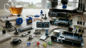 A collection of assorted sensor modules from a starter kit, including ultrasonic and infrared modules.