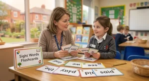 A diverse group of primary school children in British school uniforms working together in a classroom, engaged in a learning activity with sight words flashcards.