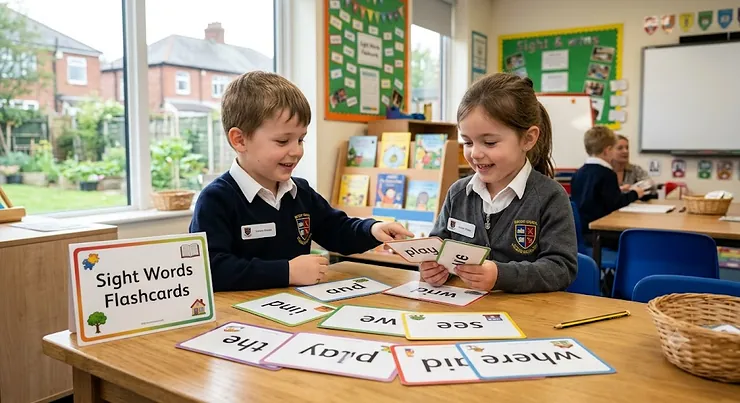 A set of colourful sight words flashcards laid out on a table, designed to support early years literacy and reading development in British primary schools. sight words flashcards