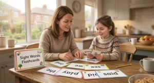 A young child in a school uniform using sight words flashcards in a UK Reception class setting.