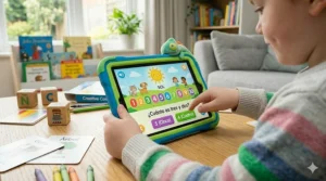 A child interacting with an educational tablet toy designed to teach Spanish numbers and simple mathematics.