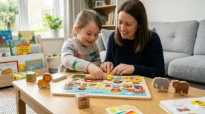 A parent and child working together to complete a wooden jigsaw puzzle featuring Spanish vocabulary for animals and common objects.
