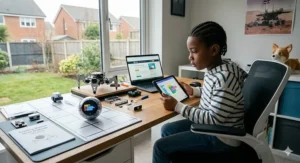 A Sphero Bolt robotic ball rolling across a flat surface, controlled by a tablet app for coding practice.