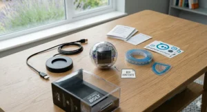 A flat-lay photograph of the complete Sphero BOLT box contents, including the robot, charger, and educational accessories.