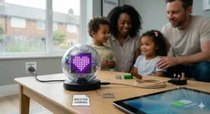 A Sphero BOLT robot glowing with a heart pattern while resting on its inductive charging base.