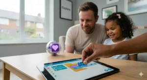 A close-up view of a hand placing a coding block onto a tablet screen, showing the Sphero BOLT in the background.