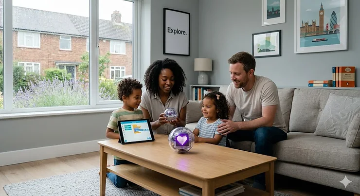 A family in a modern British living room interacting with a colourful Sphero BOLT robot on a coffee table. Sphero BOLT review