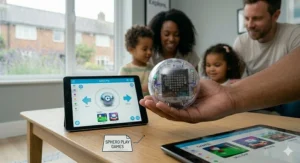 A handheld view of the Sphero Play app interface on a tablet next to a Sphero BOLT robot.
