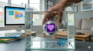 A hand holding a water-resistant Sphero BOLT robot inside a small aquarium tank filled with water.