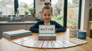 A close-up of colour-coded times tables flashcards designed to help children memorise multiplication patterns.