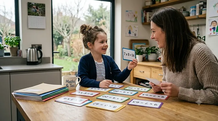 A set of vibrant, easy-to-read times tables flashcards laid out on a wooden desk, perfect for UK primary school maths revision. times tables flashcards
