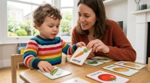 Close-up of small hands handling educational concept flashcards on a textured wooden shelf in soft, natural daylight.