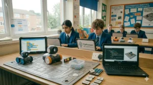 A collection of Dash and Cue educational robotics equipment on a school desk.