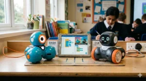 A close-up view of the Dash robot in a primary school classroom, highlighting its key features.