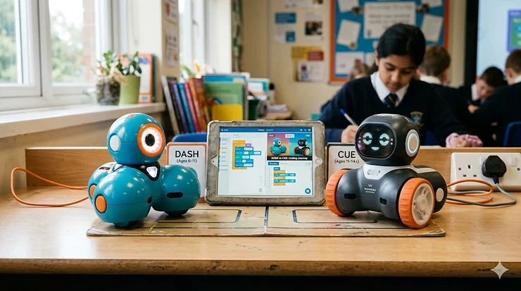 Wonder Workshop Dash and Cue robots in a British classroom setting for a comparative review. Wonder Workshop Dash vs Cue
