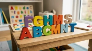A collection of high-quality wooden alphabet blocks arranged on a wooden table, featuring vibrant colours and clear lettering for early years learning.